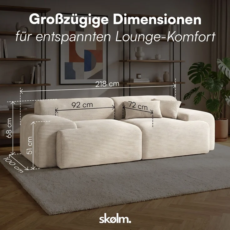 skølm 'Menja' Cloud Sofa 2-tlg, 2er Sitz mit 2 Kissen, Cord beige, Vollschaumcouch mit Federkern und Vakuum-Kompression, kein Aufbau erforderlich – Bild 9