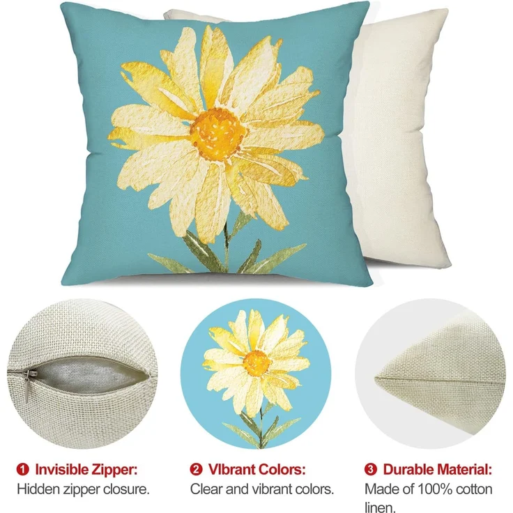 Sommer Kissenbezüge 45×45 cm 4er-Set Blaue Gänseblümchen, “Hello Sunshine”, Outdoor Couch Kissen – Bild 6