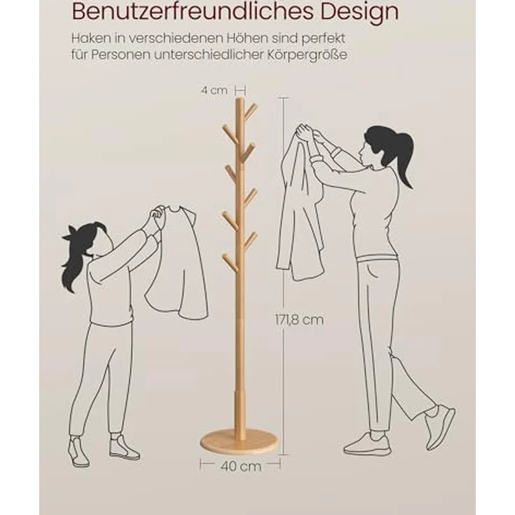 VASAGLE Garderobenständer, Kleiderständer Massivholz, Jackenständer Baumform, 8 Haken für Jacken, Hüte, für Flur, Haken und Haltestange aus Kautschukholz, naturfarben RCR009YK01 – Bild 6