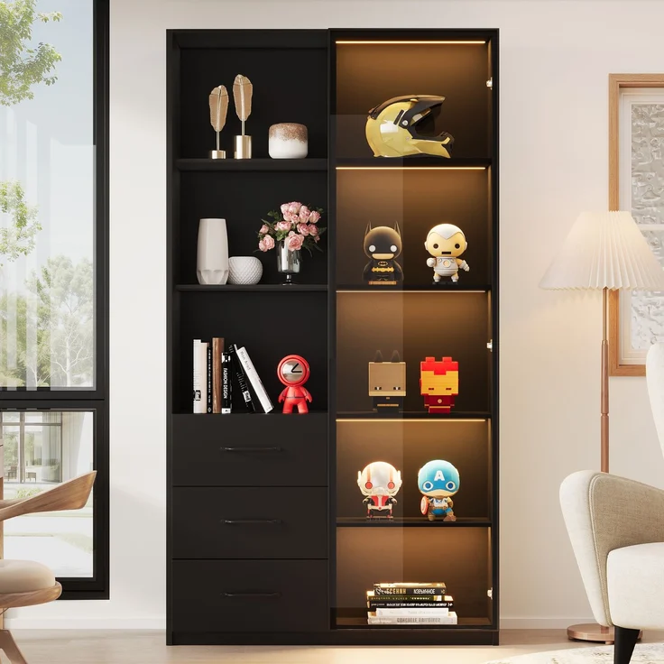 Vitrine 80x40x160 cm in Schwarz mit LED-Beleuchtung, Glastür und 3 Schubladen – Bild 2