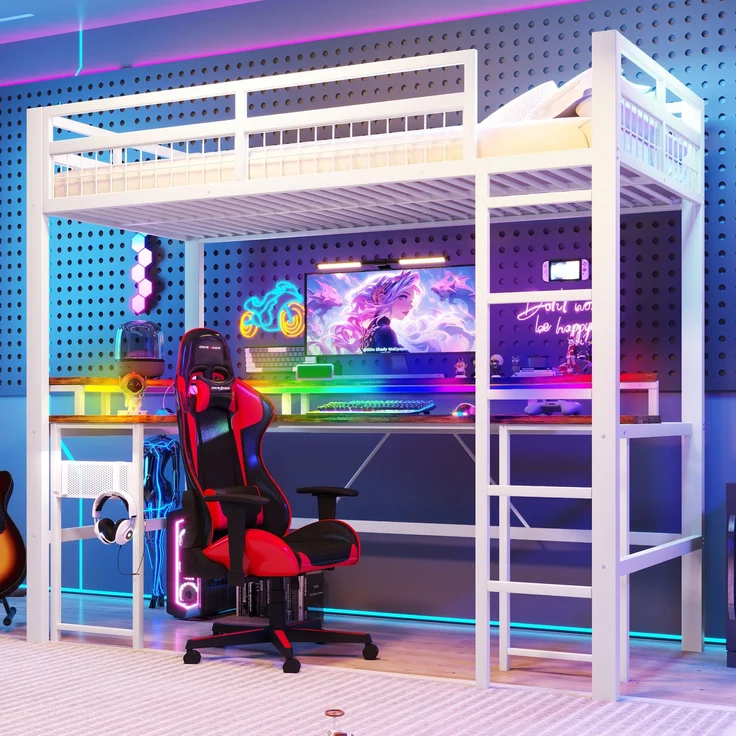EINHOM Hochbett, 90 x 200 cm, Eisenrahmen, mit Farbwechselnder LED-Lichtleiste, mit Schreibtisch, 1 USB-Anschluss + 1 Typ-C-Anschluss und 2 Steckdosen, mit Lochwand, Weiß (Ohne Matratze) – Bild 1
