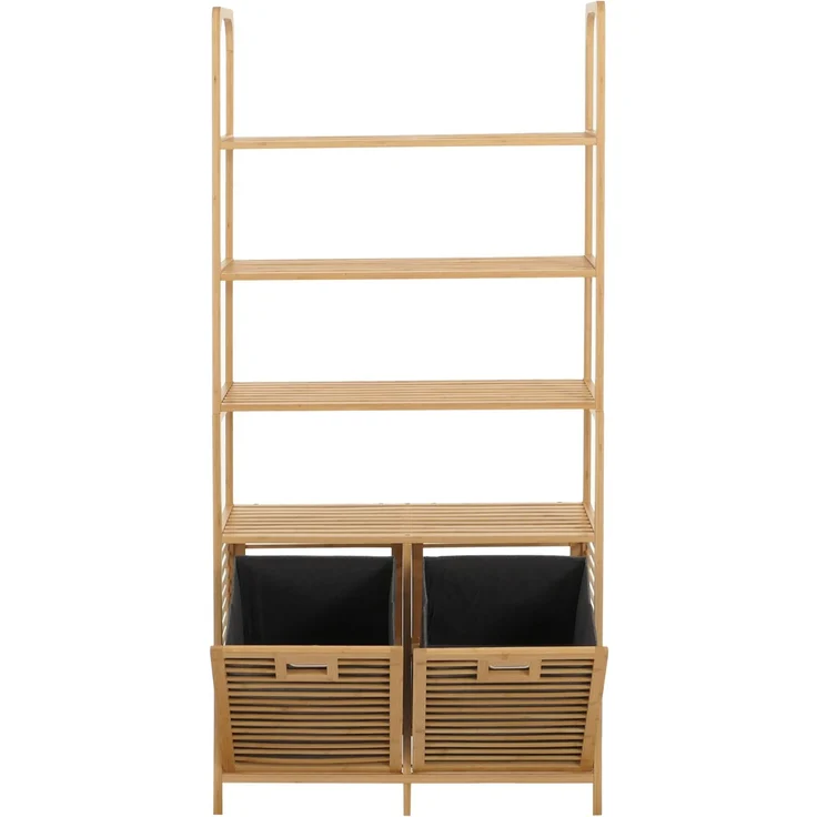 Bambus-Badezimmerschrank HWC-N83, Regal Badschrank, 2 Wäschekörbe 4 Regalböden MVG 168x81x33cm ~ natur, Korb grau – Bild 8