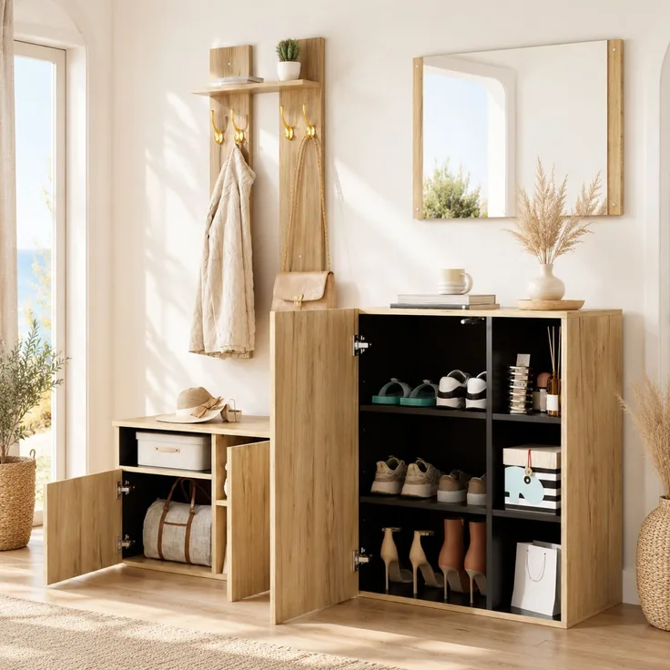 Garderoben-Set 120x35x123 cm in Holzoptik/Schwarz mit Spiegel, Schuhschrank, Haken und Schuhbank