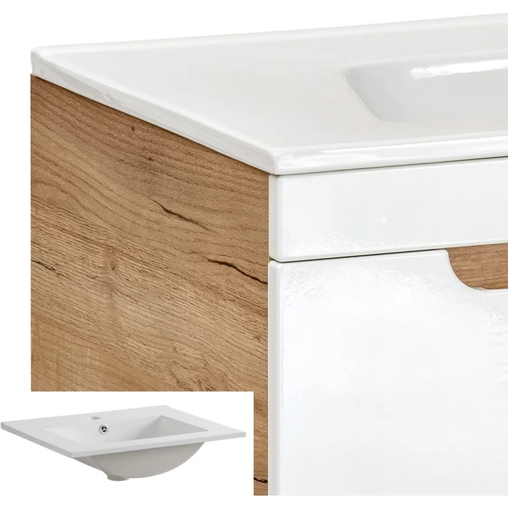 Badezimmer Waschplatz mit 61 cm Keramikwaschtisch LUTON-56 Hochglanz weiß mit Wotan Eiche Nb, B/H/T ca. 60/200/46 cm – Bild 3