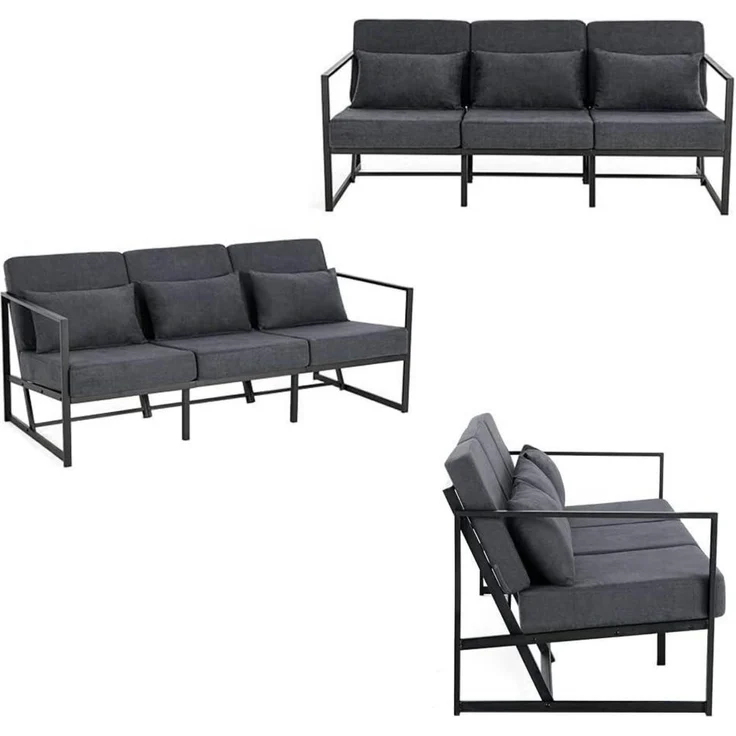 Sofa Loungesofa Armlehnen Eisenbeine Wohnzimmer 3 Sitze Dunkelgrau – Bild 6