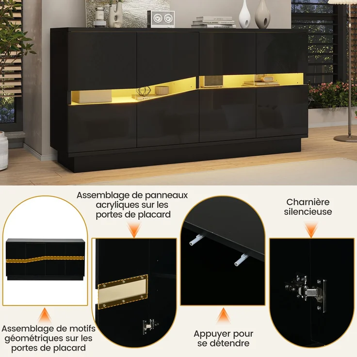 ZUBALIYA Sideboard 140x35x70 cm, mit LED-Beleuchtung, Hochglanz, mit 4 Türen, aus Spanplatte, Schwarz – Bild 11