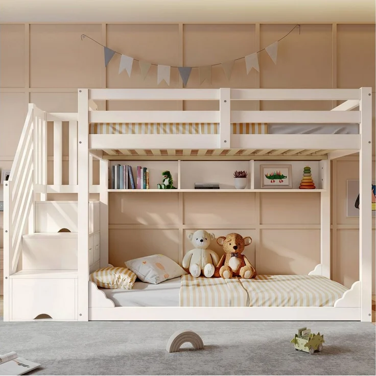 OKWISH Hochbett Bett 90x200 cm mit Treppenschrank und Stauraum, weiß (Etagenbett, 1-St, für Geschwister mit Sicherheitsgeländer und Ablagefächern) platzsparendes Holz Kinderbett (ohne Matratze) – Bild 5