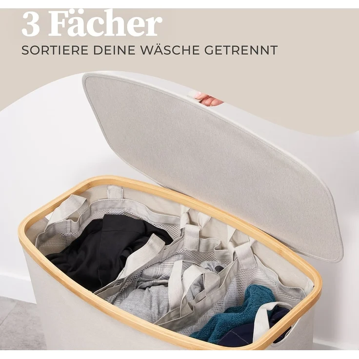 HENNEZ Wäschekorb Wäschebox 150L - Wäschekorb 3 Fächer mit Deckel, Wäschesortierer mit Wäschesack, schwarz Bambus – Bild 4