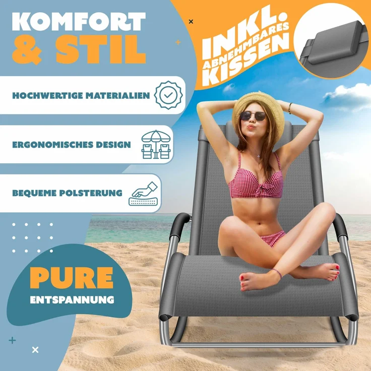 KESSER® Sonnenliege Relaxliege Schwungliege | Gartenliege | Gartenstuhl | Klappstuhl faltbar | Liegestuhl | Schaukelsessel | ergonomische Relaxsessel | wetterfest | 150 kg Belastung | Grau – Bild 2