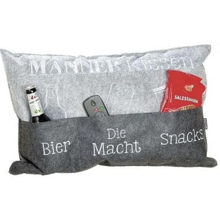 Männerkissen hellgrau/dunkelgrau mit Taschen, bestickt