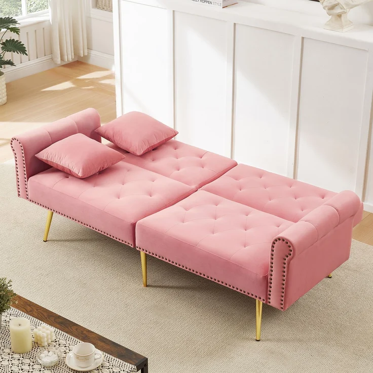Schlafsofa in Rosa mit verstellbarer,vergoldete Metallfüße, 3 Stufen Rückenlehne, 2 flauschige Sofakissen, versteckter Stauraum – Bild 2