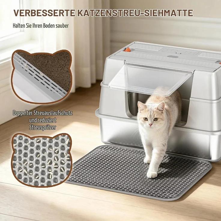 Edelstahl Katzenklo mit Deckel XL, 58 x 37 x 36,5 cm, Hellgrau, Geschlossene Metall Katzentoilette, 100° klappbarer Deckel, mit Streu-Siebmatte und Schaufel, Modulares Design – Bild 7
