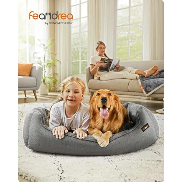 Feandrea Hundebett, Hundekissen in Leinenoptik, Hundekorb, erhöhte Ränder, rutschfeste Unterseite, Bezug abnehmbar waschbar, XL, für große Hunde, 110 x 75 x 27 cm, hellgrau PGW12GG – Bild 3