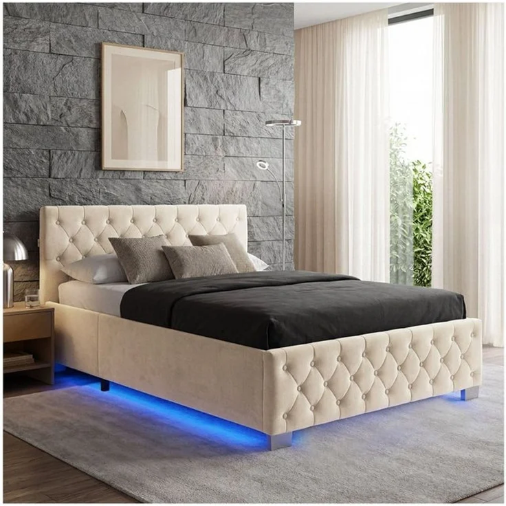 tectake Polsterbett Komfortbett mit LED-Leisten & Stauraum - Samtoptik mit Steppmuster (Bettset, in Samtoptik Sand), stabiler Stahlrahmen, Belastbarkeit 250 kg – Bild 4