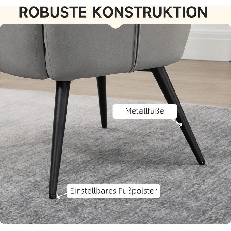 Ohrensessel mit Hocker, Loungesessel Relaxsessel Polstersessel Samtoptik Fernsehsessel Esszimmerstuhl bis 120 kg hellgrau--Hellgrau--73x77.5x98cm--YOUDENOVA – Bild 5