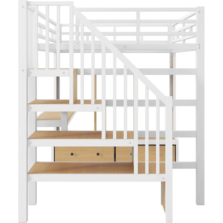 Hochbett mit RGB LED-Streifen, Schreibtisch, Regal, Lattenrost, Treppe und Schubladen, 140x200 cm, Kinderbett mit Rausfallschutz, Metallbett – Bild 9