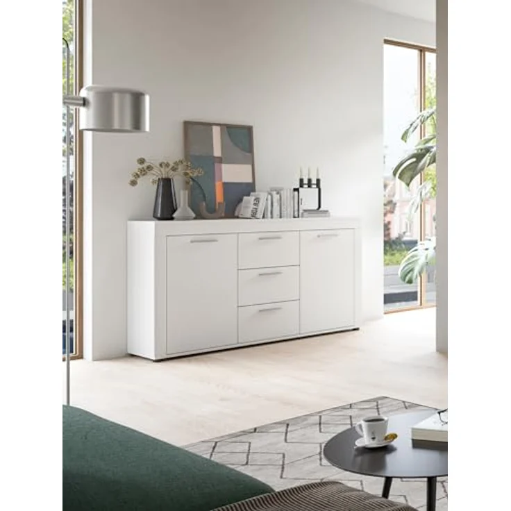 Xonox Sideboard, Weiß, 125x80x35 cm, mit 3 Schubkästen und 4 variablen Einlegeböden für flexiblen Stauraum – Bild 6