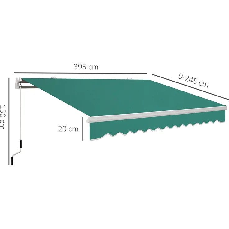 Manuelle Markise 395 x 245 cm mit Kurbel, für Balkon, Terrasse oder Patio, aus Aluminium und 280 g/m² Polyestergewebe, UV-beständig, grün – Bild 5