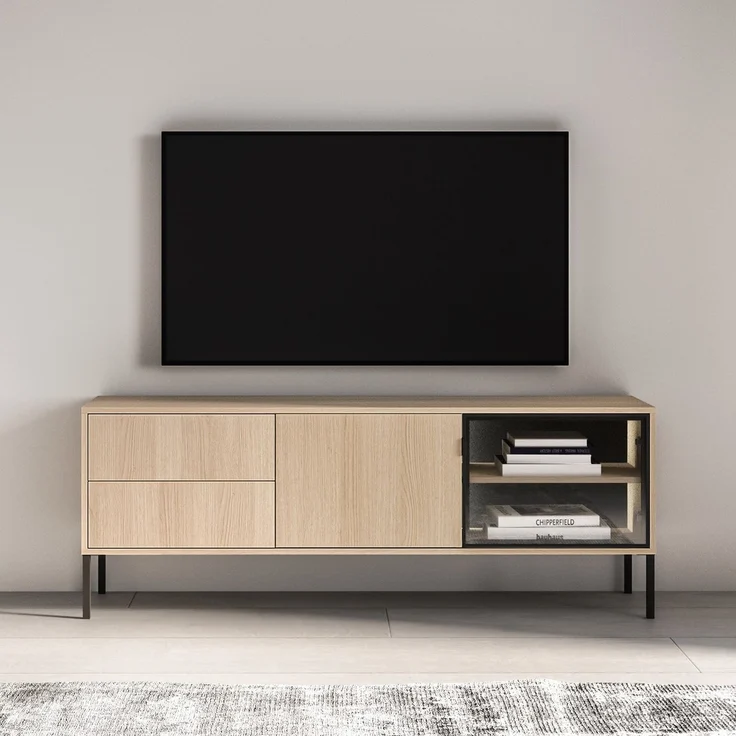 Selsey 'Barnee' - TV-Lowboard mit beleuchteter Glasvitrine, Eichenholzoptik, 160 cm – Bild 2