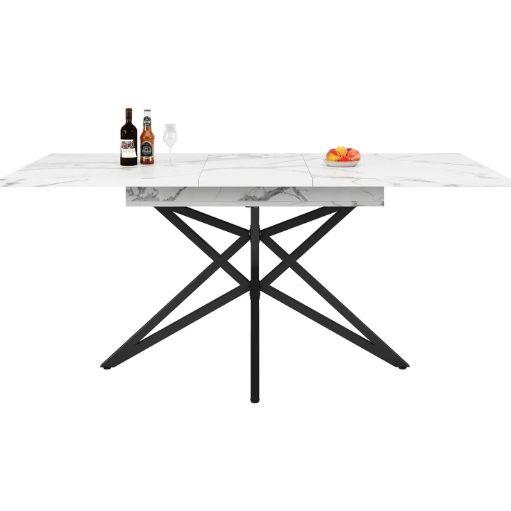 Ausziehbarer Esstisch, ausziehbarer Küchentisch, Frühstückstisch, sternförmige Tischbeine, Eisenbeine, Walnussholz/Marmorimitat, Schwarz, 120 (160) x 80 cm – Bild 9