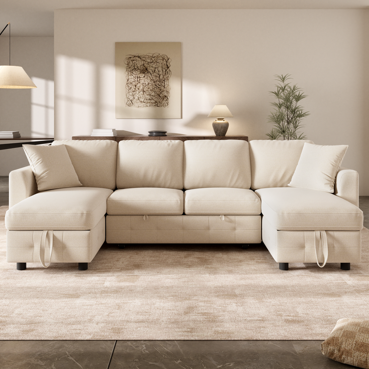 Merax U-Form Chenille Sofa mit Schlaffunktion, Schlafsofa mit 2 Stauraum-Chaiselongues, ausziehbares Schlafsofa mit 1× USB & 1× Type-C Ladeanschluss, mit 2 Kissen, Beige, 260×128×82 cm – Bild 5