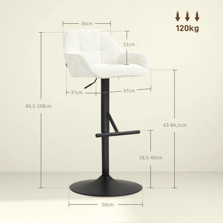 2er-Set Barhocker, höhenverstellbare Barstühle, Stoff in Leinenoptik und Stahlgestell, 52,5 x 53 x 86,5–108 cm, cremefarben – Bild 5