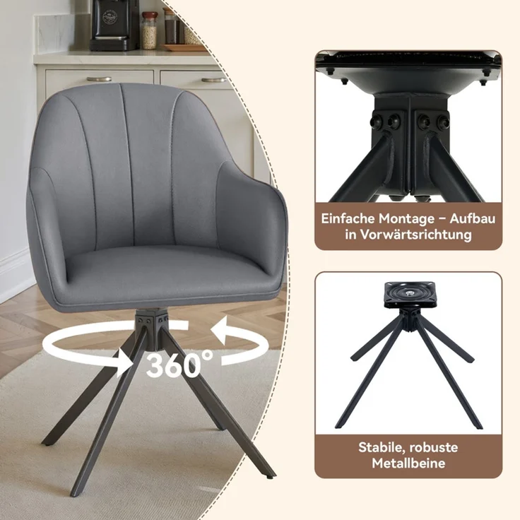 Hawthyhome 4-Fußstuhl Esszimmerstuhl drehbar mit Armlehne, 360° Drehfunktion, ergonomische Sitzschale, Kunstlederbezug, stabiles schwarzes Metallgestell, moderner Küchenstuhl für Esszimmer, Wohnzimmer, Büro & Homeoffice, Grau – Bild 4