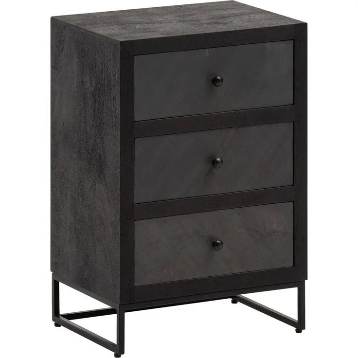 MID.YOU Nachtschrank Schwarz, massiv aus Mangoholz, 3 Schubladen, 40x60x30 cm, Schlafzimmermöbel