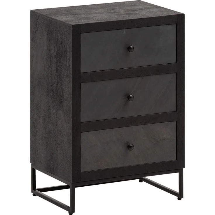 MID.YOU Nachtschrank Schwarz, massiv aus Mangoholz, 3 Schubladen, 40x60x30 cm, Schlafzimmermöbel