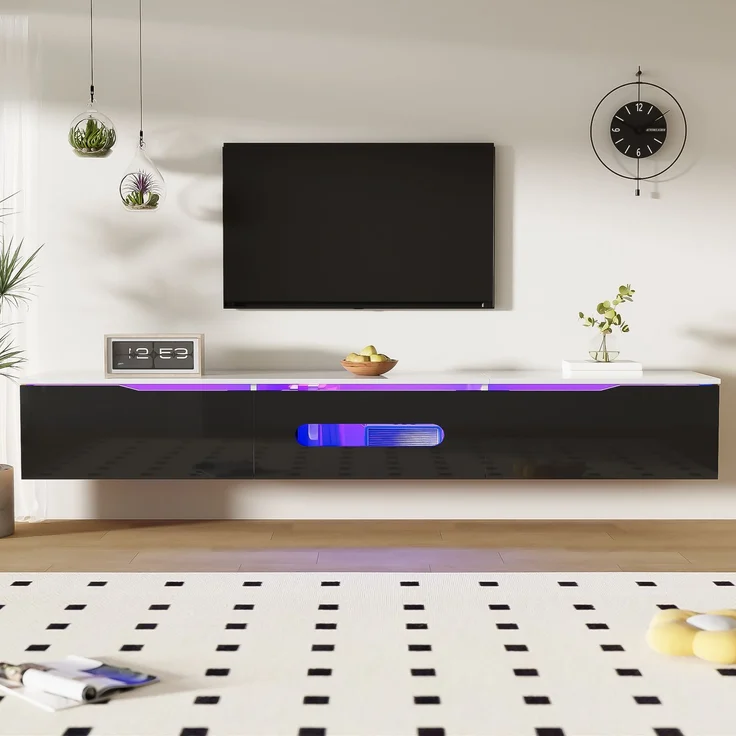 TV-Schrank 180 cm Schwarz Weiß LED Beleuchtung 16 Farben App-gesteuert Dämpfungsscharnier Wandmontage Hochglanz TV-Board – Bild 2
