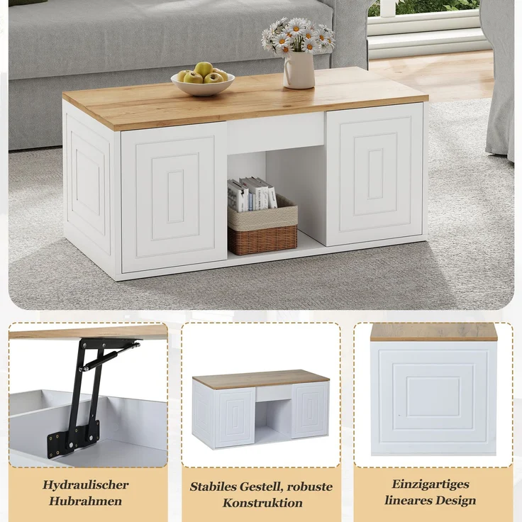 Couchtisch 46 x 95 x 45 cm, mit Höhenverstellung, in Holzoptik, Konstruktion aus Spanplatte, Weiß / Naturfarben – Bild 7