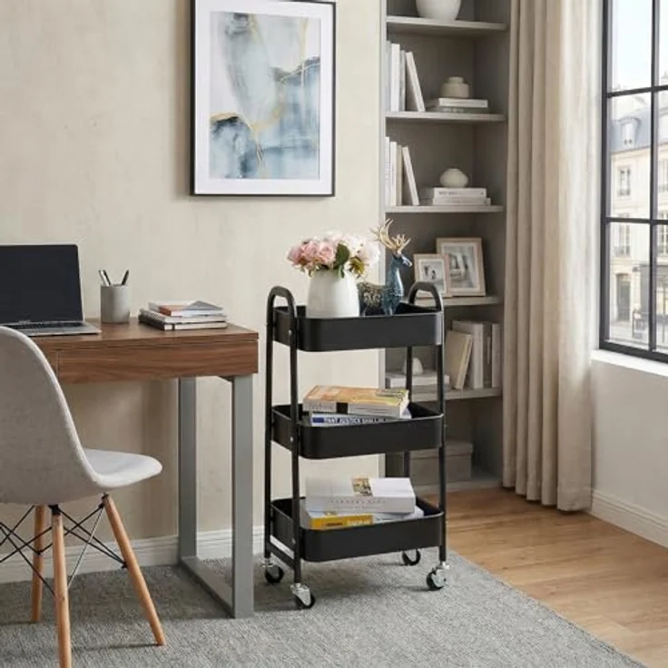 DOEWORKS Rollwagen Metall Aufbewahrungswagen Küchenwagen 3-Etagen, Servierwagen Organizer Wagen mit Rädern für Wohnzimmer Schlafzimmer Make-up Badezimmer Büro, Schwarz – Bild 3