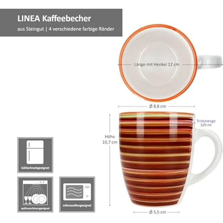 MamboCat Becher 4er Set Linea Kaffeebecher 320ml Steingut-Tassen 4 Pers gestreift Tee, Steingut – Bild 6