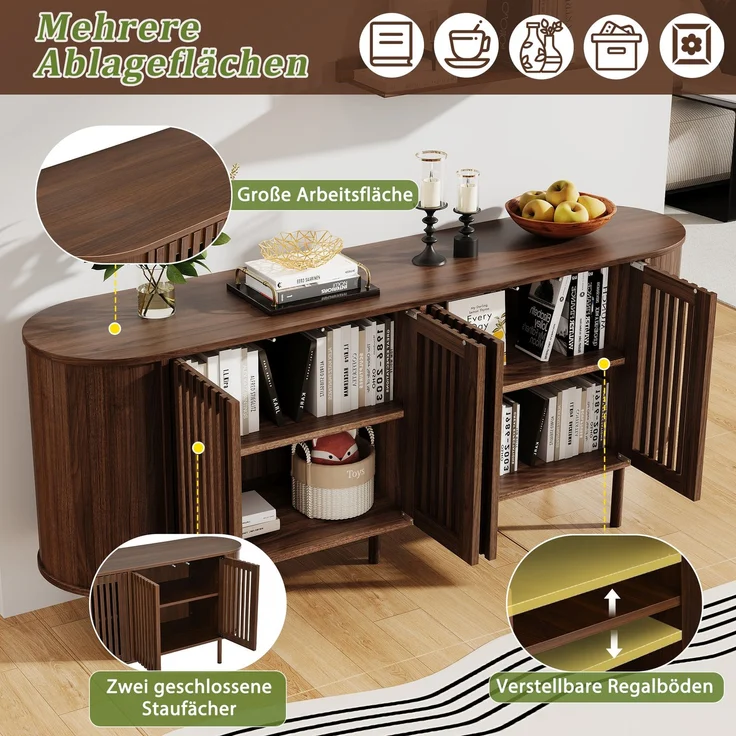 Merax 160x40x70cm Sideboard aus MDF mit 4 perforierten Schiebetüren, Kommode mit verstellbaren Einlegeböden und stabilen Metallbeinen, Wohnzimmer Buffet-Schrank, Walnussholzfarbe – Bild 5