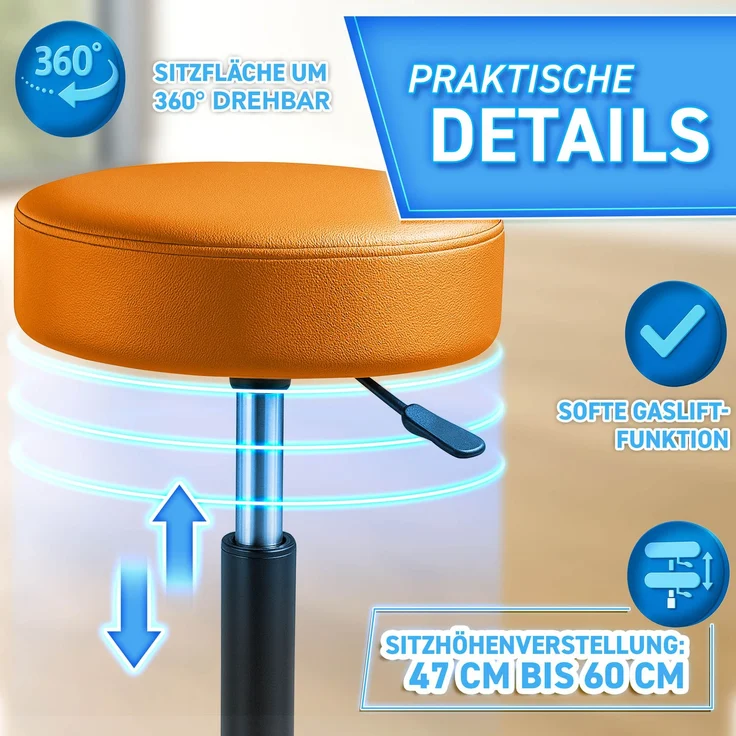 TRESKO® Rollhocker mit Lehne 150 kg | Arbeitshocker höhenverstellbar 46-58 cm | Drehhocker mit Rollen | Bürostuhl Hocker Drehstuhl Kosmetikhocker – Bild 9