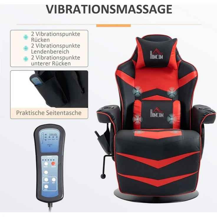 HOMCOM Massagesessel Massagefunktion, inkl. Fußstütze, Liegefunktion (Gaming-Chair, 1-St, Relaxsessel), für Wohhnzimmer, Schwarz+Rot – Bild 3