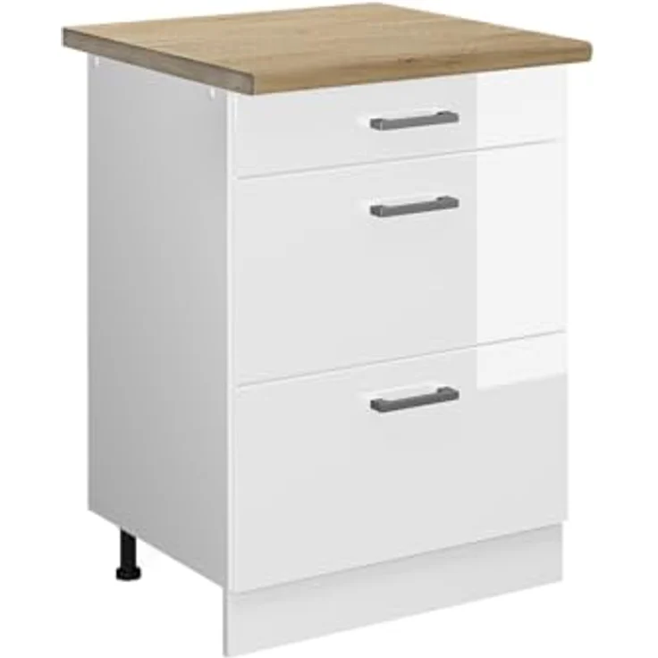 Vicco Küchenunterschrank R-Line, Weiß Hochglanz/Weiß, 60 cm mit Schubladen, AP Eiche – Bild 2