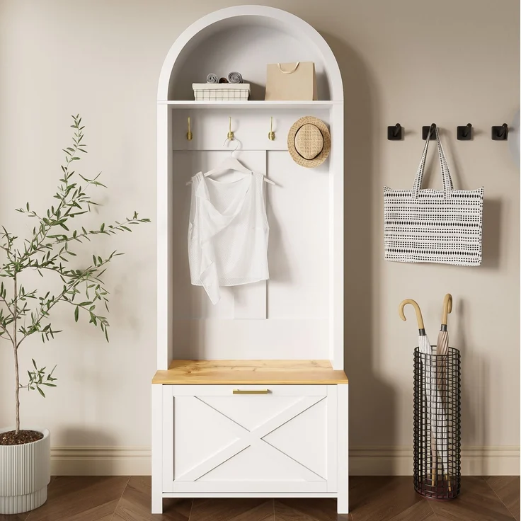 Garderobenschrank 75x35x195 cm in Holzfarbe/Weiß mit Haken, Ablage und Schuhfach – Bild 7