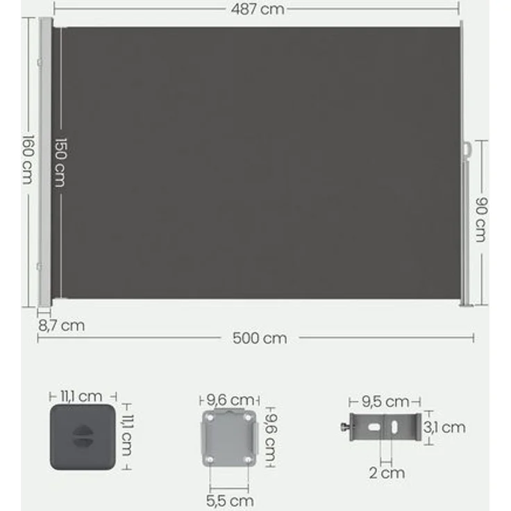 SONGMICS Seitenmarkise mit Stahl-Kasten, rostbeständig, ausziehbar, Anthrazit, 160x500 cm – Bild 2