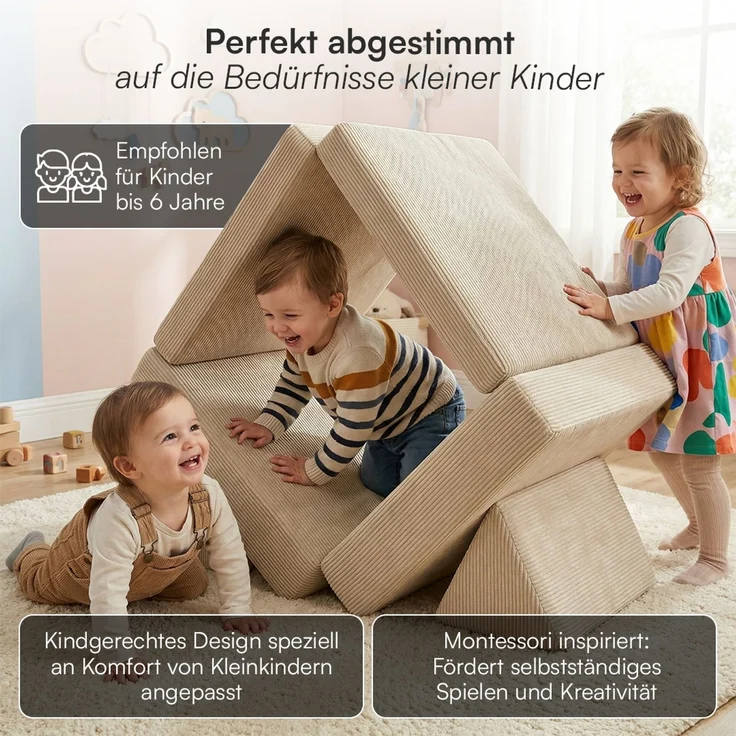 Bellabino 'Nile' Spielsofa mini, 4-tlg, Cord, beige, faltbare Kindercouch, abnehmbarer & waschbarer Bezug, Kleinkindsofa aus Schaumstoff, bis 6 Jahre, Oeko-Tex zertifiziert – Bild 5