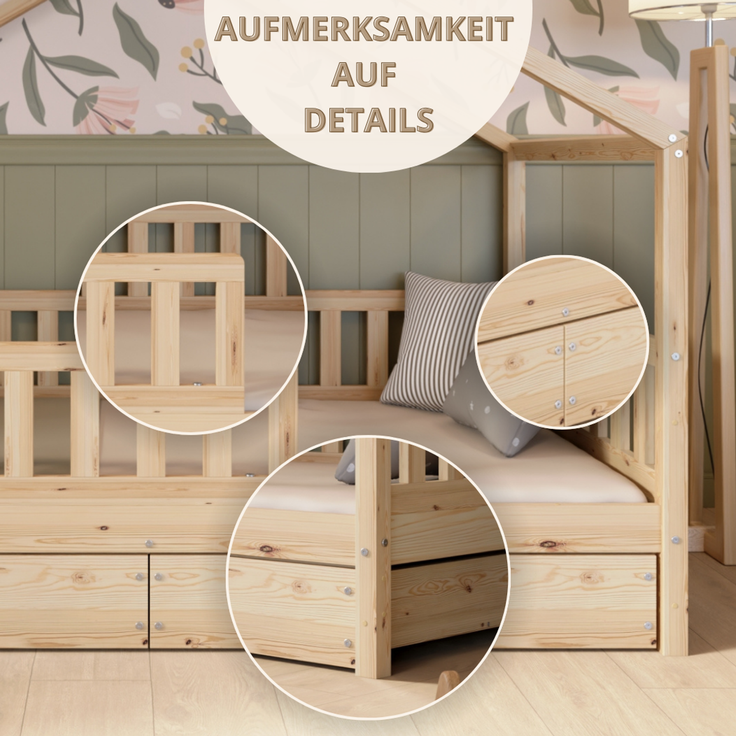 Crazy Pine 'Crazy House' Hausbett mit abnehmbaren Rausfallschutz, Naturholz, Natur, 80x160 cm, mit Schubladen – Bild 7