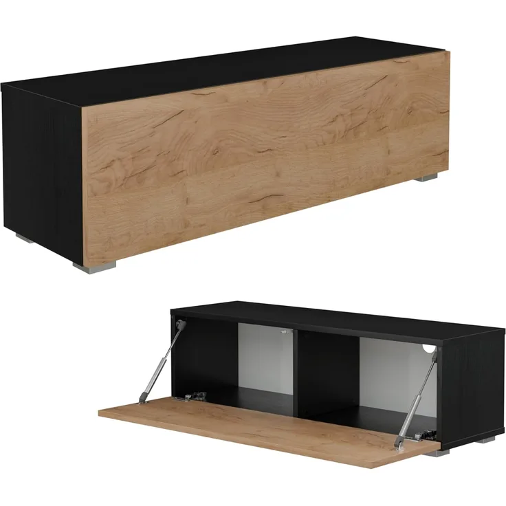 PLATAN ROOM Fernsehschrank TV-Lowboard 105/140 / 160/210 / 280 In Weiß Hängend Oder Stehend Hochglanz Matt (105 x 30 x 32, Schwarz Matt/Eiche Gold)
