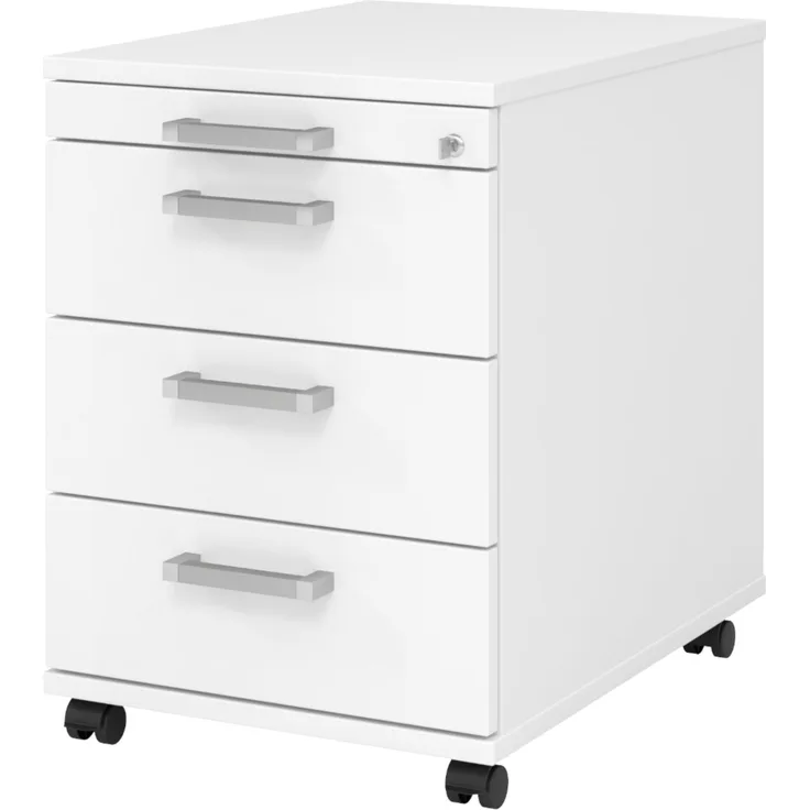 bümö Rollcontainer mit Schubladen, Container abschließbar aus Holz in weiss - Rollwagen für's Büro als Schreibtisch Unterschrank, Bürocontainer od. Schreibtischcontainer mit Chromgriffe, AC30-W-W-CE