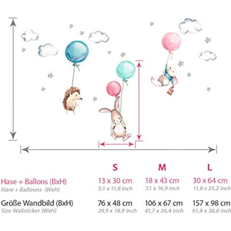 Montegoni Wandsticker Kinder Tier Heißluftballon Wandsticker,Wandaufkleber Deko (Wandtattoo mit Waldtieren für Kinderzimmer, aquarell tiere heißluft ballon wolken aufkleber), wasserdichte abnehmbare, kindergarten haus dekoration – Bild 4