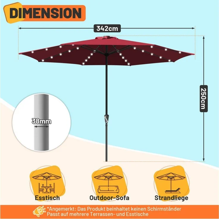 Clanmacy Sonnenschirm Sonnenschirm Rund,Kurbel,Knickbar,Eisen,LED,350cm,Rot – Bild 2