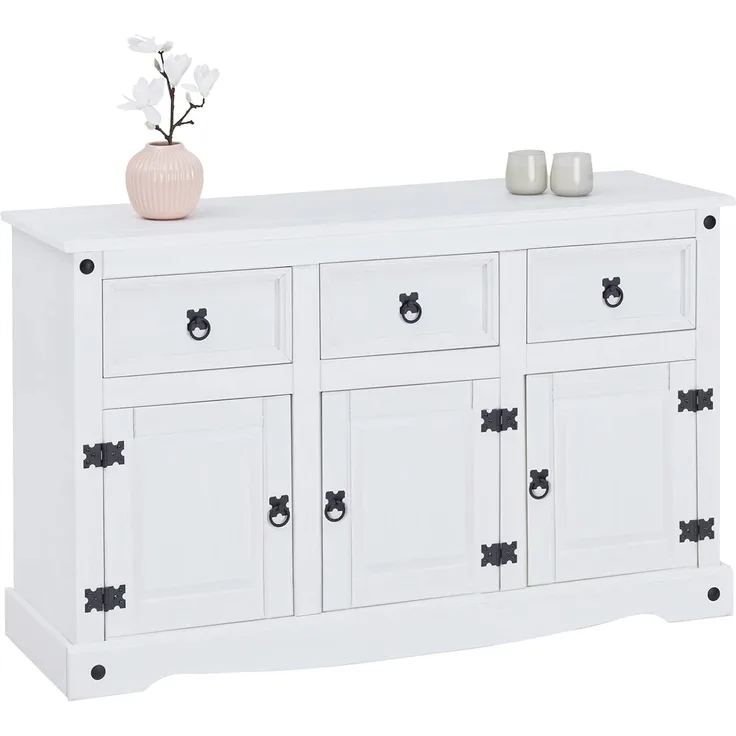 CARO-Möbel Sideboard Rural im Mexiko Stil weiß lasiert Kommode Kiefer massiv mit 3 Schubladen und 3 Türen