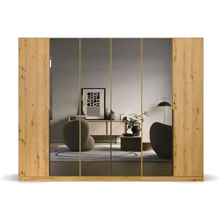 Rauch Möbel Skyla, Kleiderschrank für Schlafzimmer, Kinderzimmer, Jugendzimmer, Garderobe, Flur, 6-türig mit Grauspiegel, Griffstangen Grau metallic, Farbe Eiche Artisan, Holz, Maße 271 x 210 x 54 cm – Bild 9