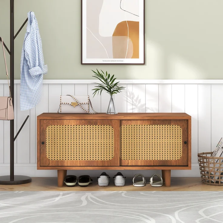 Flurschrank, 104x40x48 cm, Walnuss-Schuhschrank mit Rattantüren & verstellbaren Böden – Bild 1