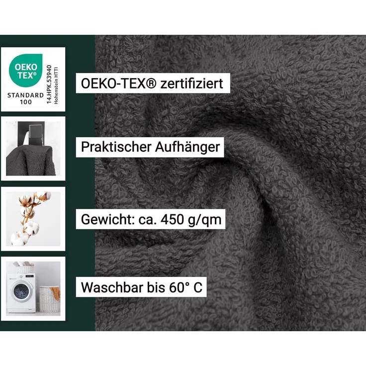 ZOLLNER 5er Set Duschtücher, 70x140 cm, graphit, 100% Baumwolle – Bild 3