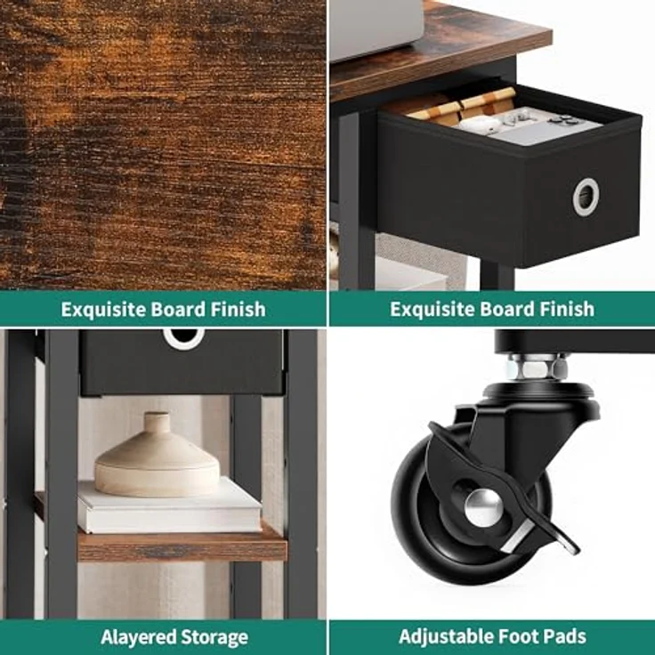 YITAHOME Beistelltisch, C-Form Sofatisch mit Rollen und Schublade，Wohnzimmertisch für Kaffee und Laptop，für Wohnzimmer, Schlafzimmer，50 x 30 x 67cm, Rustikales Braun – Bild 7